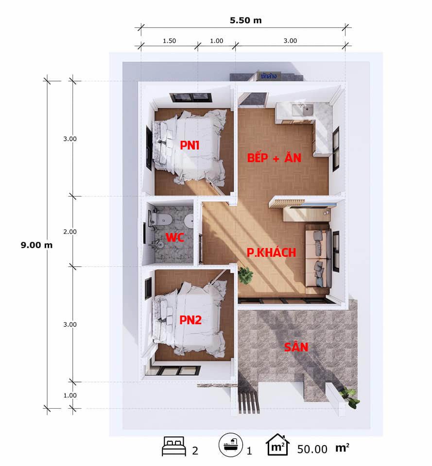 Mẫu nhà 1 tầng 2 phòng ngủ có sân thượng chill mỗi tối