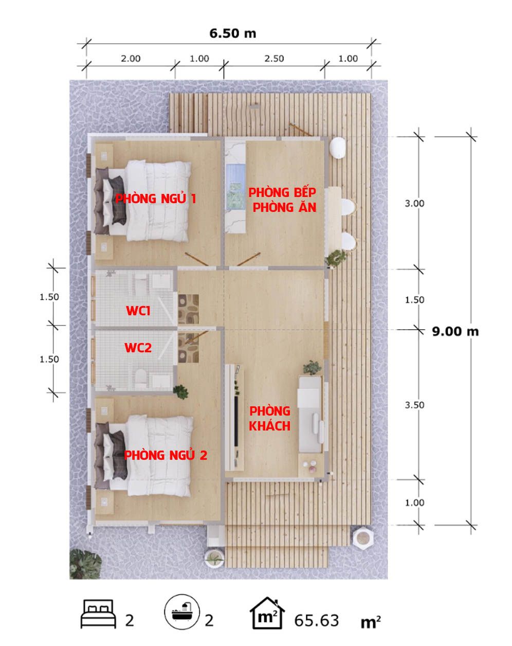 Mẫu nhà 1 tầng 65m2 hiện đại có 2 phòng ngủ phải lòng từ cái nhìn đầu tiên